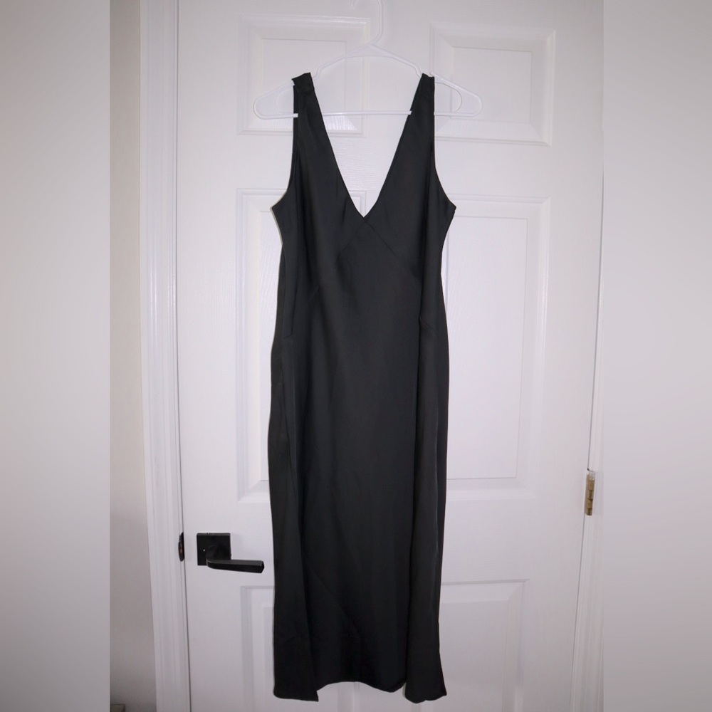 Black V neck Satin Dress